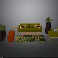 Vibrant Living Room Interior With Green Sofa Red Stools Coffee Table And Tropical Rug
