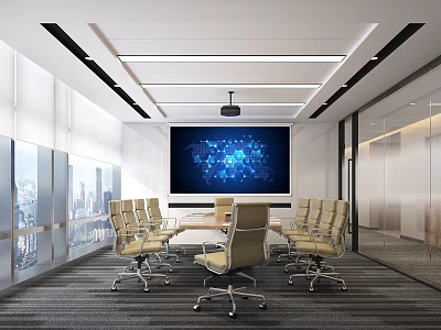 Modern Conference Room Interior Featuring Large Screen World Map Office Chairs And City View Windows 3d model