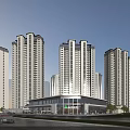 Modern High Rise Residential Buildings With Glass Curtain Walls And Commercial Podium