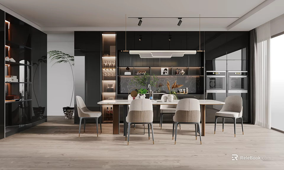 Modern Dining Room Interior With Open Layout Dining Table Chairs And Pendant Lights 3d model