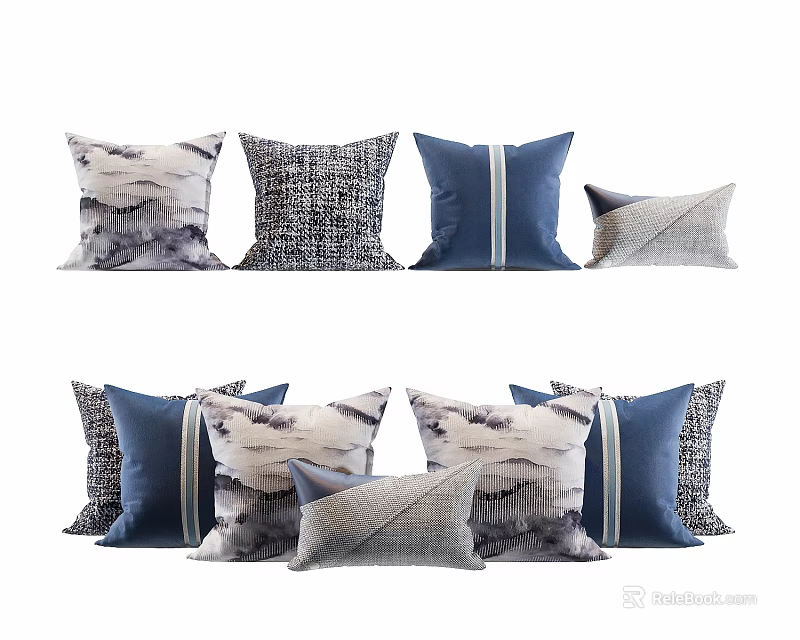 Decorative Throw Pillows With Blue White Gray Patterns And Striped Designs 3d model