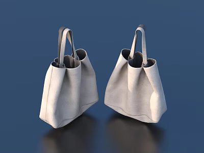 Two White Leather Tote Bags with Grey Handles Minimalist Design on Blue Background and Reflection 3d model