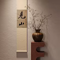 Japanese Ceramic Vase with Blossom Branches on Red Shelf by Light Wall with Calligraphy Scroll