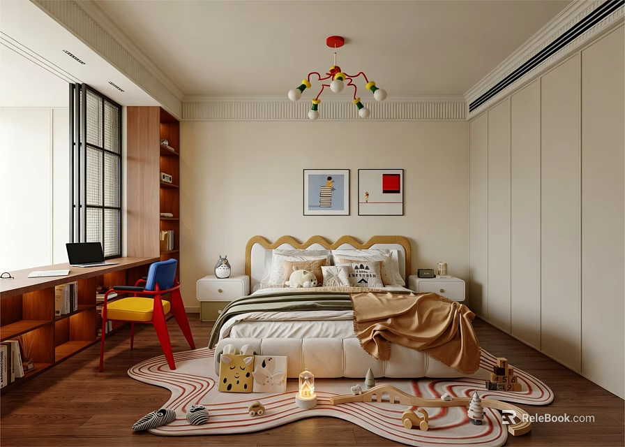 Cozy Kids Bedroom With Colorful Chandelier Striped Bedding Wall Art And Playful Toys 3d model 