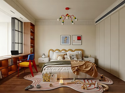Cozy Kids Bedroom With Colorful Chandelier Striped Bedding Wall Art And Playful Toys 3d model