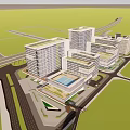 Modern Office Buildings With Green Roofs In Urban Area Surrounded By Trees