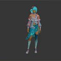 Game Movie Character With Blue Hair And Colorful Decorative Outfit Design