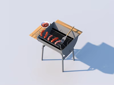 Portable Outdoor Grill With Sausages Grill Fork Small Plate And Wooden Sides 3d model