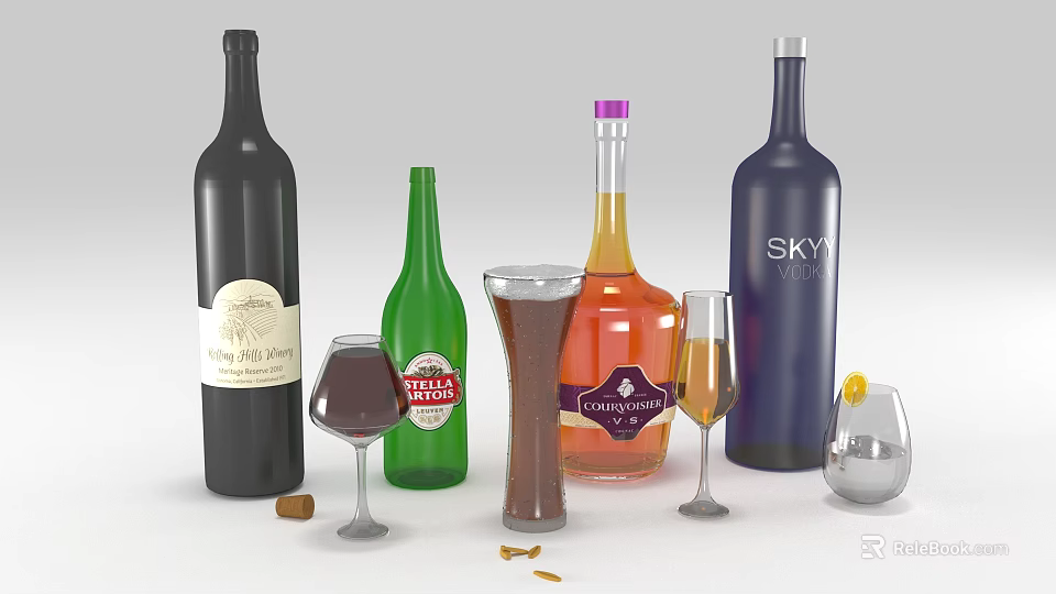 Assorted Wine Bottles and Glasses with Vodka Rum Beer and Lemon Slice 3d model 