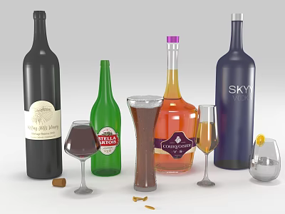Assorted Wine Bottles and Glasses with Vodka Rum Beer and Lemon Slice 3d model