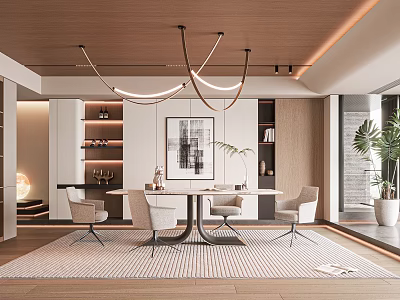 Modern Restaurant Interior With Dining Table Chairs Pendant Lights Decorative Painting And Plants 3d model