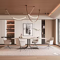 Modern Restaurant Interior With Dining Table Chairs Pendant Lights Decorative Painting And Plants