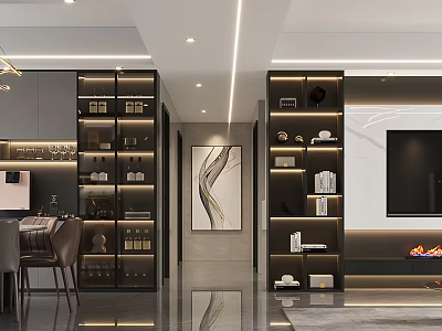 Modern Luxury Open Plan Living And Dining Room Interior Design With Custom Illuminated Display Cabinets 3d model