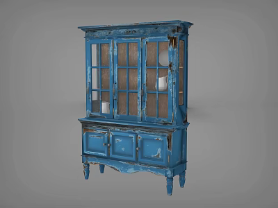 Vintage Blue Display Cabinet With Glass Doors Drawers And Distressed Finish 3d model