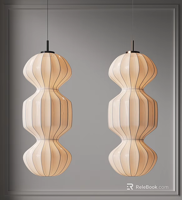 Two Modern Beige Striped Layered Fabric Pendant Lights For Interior Design 3d model 