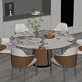 Modern Round Marble Dining Table Set with Six Chairs and Green Plants in Bright Space