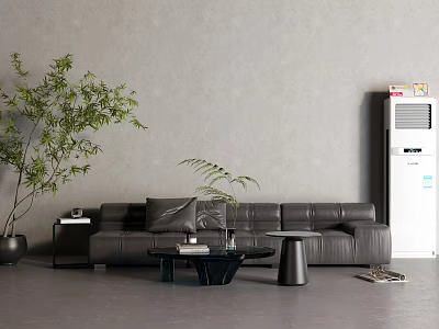 Modern Black Leather Sofa and Coffee Table Set with Green Plant and Gray Wall 3d model