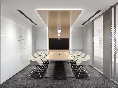 Modern Conference Room Interior With Long Wooden Table White Chairs And Large Screen 3d model