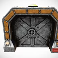 Industrial Metal Door With Orange Frame Rivets Crossed Bars Circular Center And Red Label