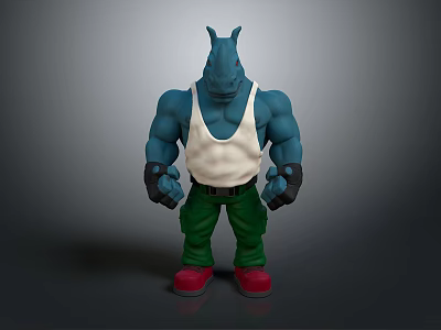 Muscular Rhino Headed Character With Blue Body White Tank Top Green Pants And Red Shoes 3d model