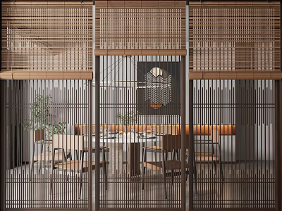 Bamboo Partition Design For Modern Dining Area With Table Chairs And Plants 3d model