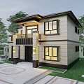 Two Story Detached Villa Exterior Design With Garden Greenery And Front Yard Lighting