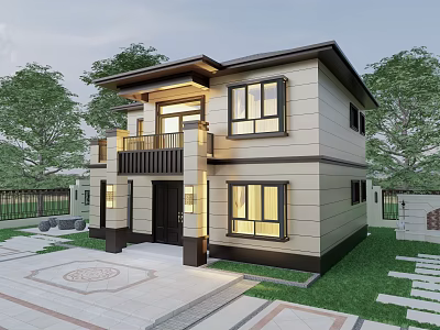 Two Story Detached Villa Exterior Design With Garden Greenery And Front Yard Lighting 3d model