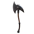 Ornate Axe Weapon With Detailed Metal Head And Brown Wooden Handle