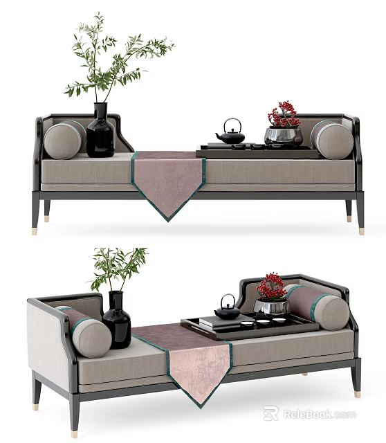 Elegant Modern Daybed with Decorative Pillows Tea Set and Potted Plants 3d model 