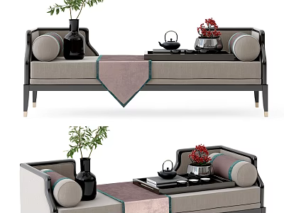 Elegant Modern Daybed with Decorative Pillows Tea Set and Potted Plants 3d model
