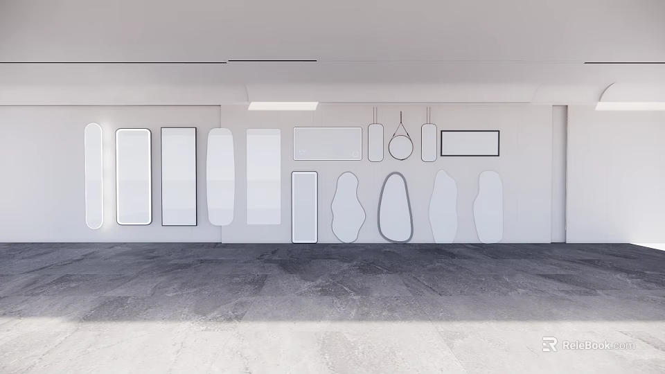 Decorative Wall Mirrors in Various Shapes on White Modern Interior Wall 3d model
