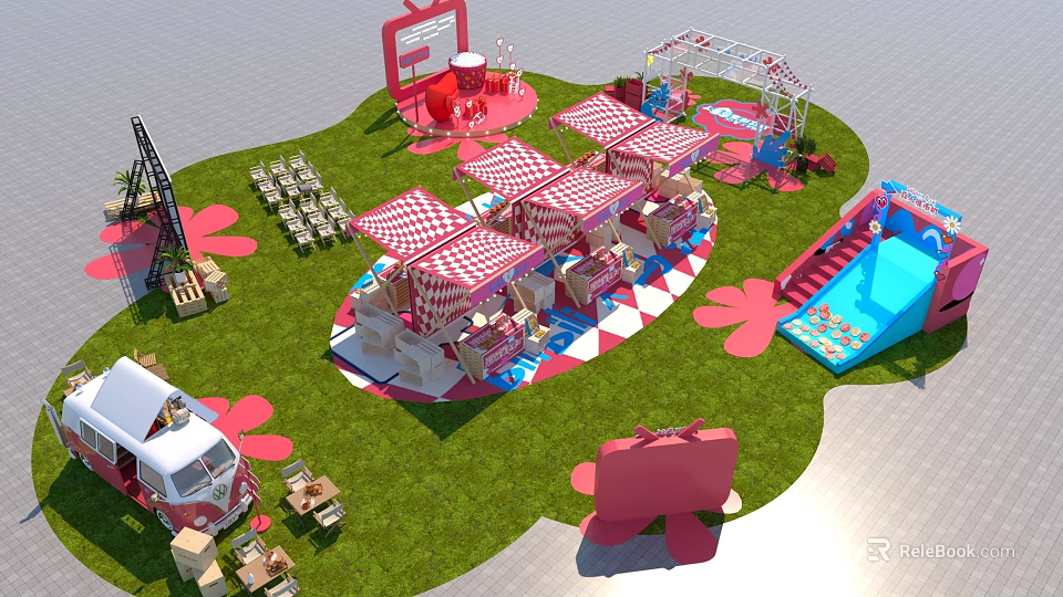 Vibrant Event Entrance Featuring Red And White Checkered Tents On Grass With Pink Flower Decorations 3d model 
