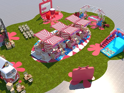 Vibrant Event Entrance Featuring Red And White Checkered Tents On Grass With Pink Flower Decorations 3d model