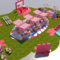 Vibrant Event Entrance Featuring Red And White Checkered Tents On Grass With Pink Flower Decorations
