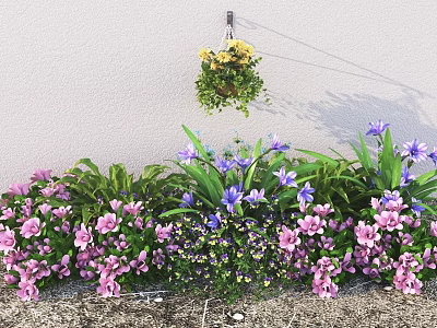 Colorful Purple Pink and Yellow Flowers with Hanging Basket and Green Leaves by Wall 3d model