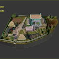 Traditional Village Architectural Model with Thatched Roof Houses Brick Buildings Enclosed Courtyard and Green Areas