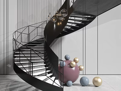Modern Spiral Staircase With Black Metal Railings And Decorative Spheres In Pink Blue Gold 3d model