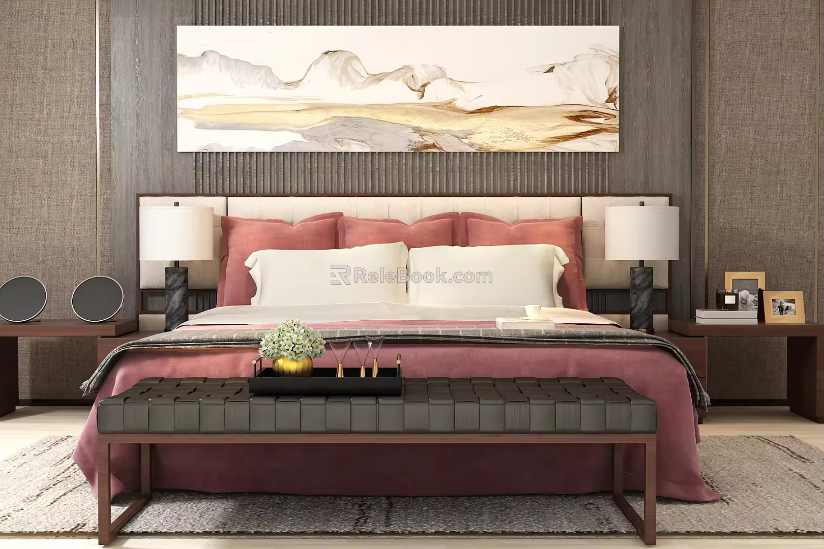 New Chinese Background Double Bed Double Bedside Table Lamp Hanging Picture 3d model