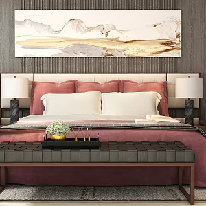 New Chinese Background Double Bed Double Bedside Table Lamp Hanging Picture 3d model