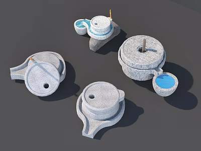 Traditional Stone Grinding Mills With Handles And Small Blue Containers 3d model