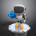 3D Robot Character Holding Blue Object On Silver Platform Base 3d model