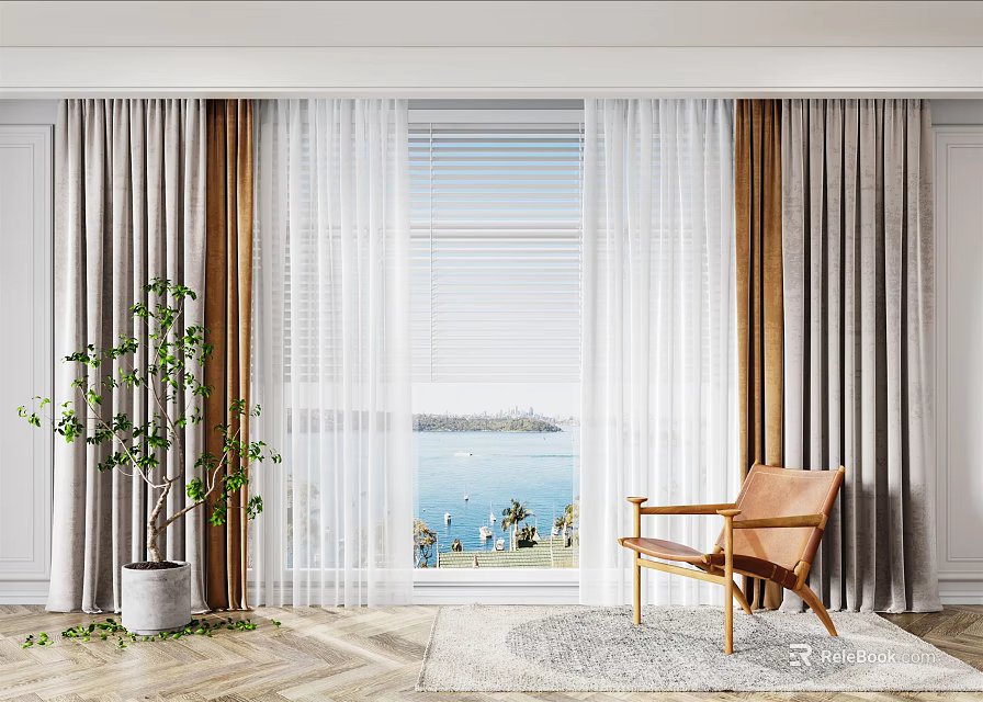Elegant White Sheer Curtains and Gray Drapes with Armchair Potted Plant and Lake View 3d model 