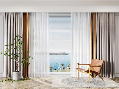 Elegant White Sheer Curtains and Gray Drapes with Armchair Potted Plant and Lake View 3d model