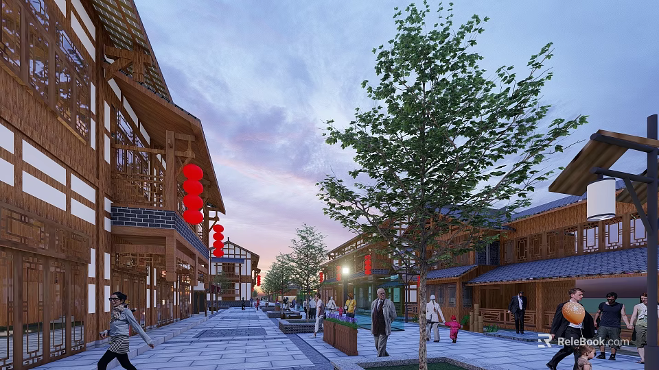 Traditional Architecture Commercial Street With Pedestrians Trees Red Lanterns And Evening Atmosphere 3d model 