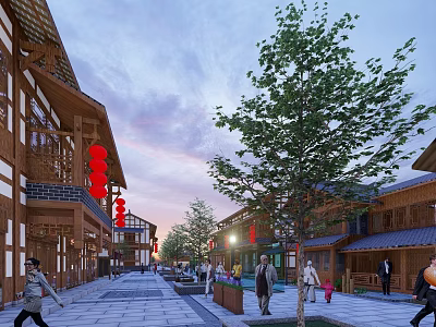 Traditional Architecture Commercial Street With Pedestrians Trees Red Lanterns And Evening Atmosphere 3d model