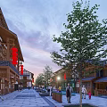 Traditional Architecture Commercial Street With Pedestrians Trees Red Lanterns And Evening Atmosphere