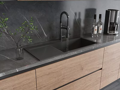 Modern Black Kitchen Sink With Gray Stone Countertop Faucet Wooden Cabinets And Green Plant 3d model