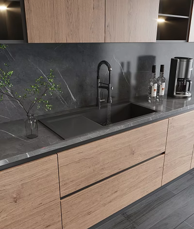 Modern Black Kitchen Sink With Gray Stone Countertop Faucet Wooden Cabinets And Green Plant 3d model