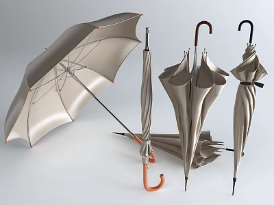 Beige And Brown Umbrellas In Open And Folded Styles For Everyday Use 3d model