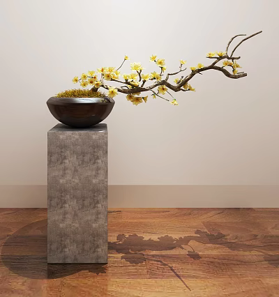 Bonsai Plant with Yellow Flowers in Dark Pot on Gray Stone Pedestal and Wooden Floor 3d model